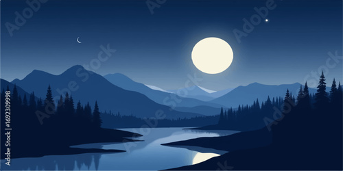 Moonlight illuminates the vast, snowy landscape of a mountain range at dawn
