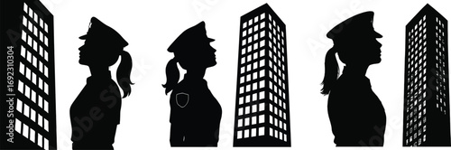 Female police officer silhouettes with city buildings graphic elements collection silhouette