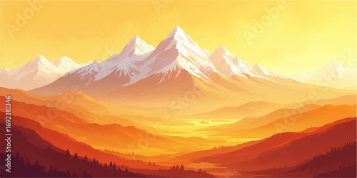 Sunrise casts a warm glow over the misty mountain landscape, with soft clouds floating in the blue morning sky