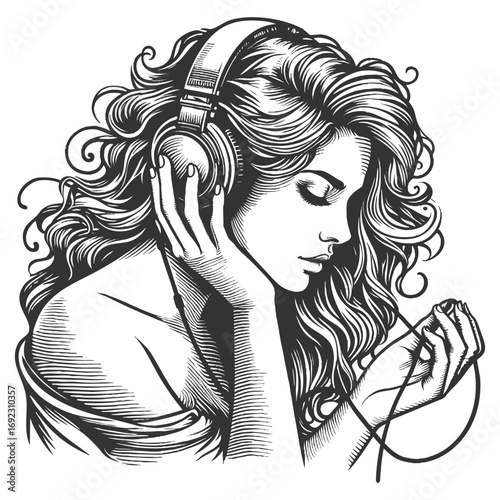 woman wearing large headphones, eyes closed, enjoying music with musical notes in background sketch engraving generative ai fictional character vector. Scratch board imitation. Black and white image.