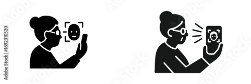 Elderly woman using facial recognition on a smartphone with success and failure states for biometric authentication access