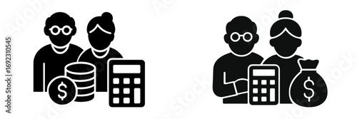 Senior couple retirement planning glyph icon set with calculator and money symbols for financial savings and investment