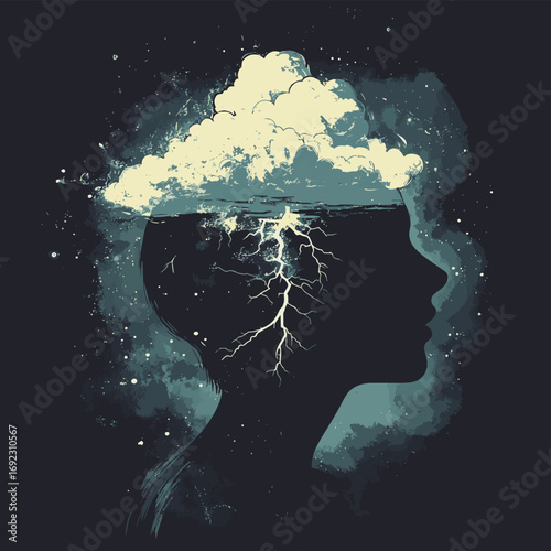 Silhouette of a human head with waves and rays of light through the brain. Stock vector illustration , vector style simple color