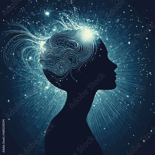 Silhouette of a human head with waves and rays of light through the brain. Stock vector illustration , vector style simple color