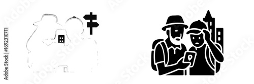 Two tourists navigating a city using a smartphone map application black glyph icon for travel and exploration