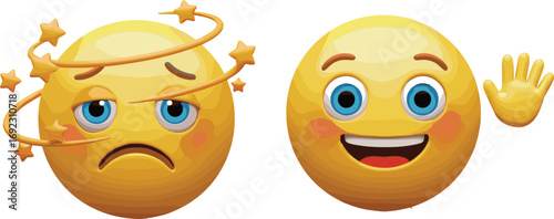 Cartoon emoji illustration with dizzy face, sad emoticon character, happy smiling emoji, waving hand gesture, expressive funny digital artwork design