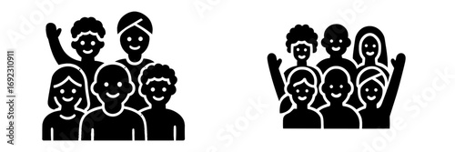 Set of diverse community icons showing a group of happy people together, simple black glyph symbol for teamwork and society