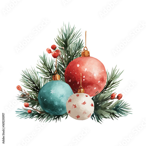 EPS painting design, Vector illustration set, My Watercolor illustration, Christmas centerpiece with bauble painting isolated on a white background