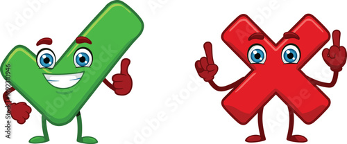Cartoon green check mark and red cross character with eyes and hands, approval and rejection symbols for correct, wrong, success, failure