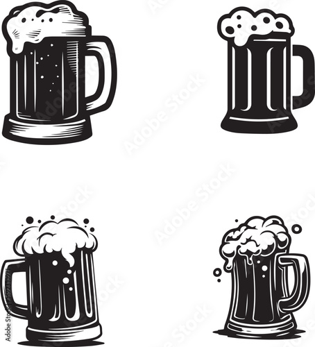 Vector art of four black and white illustrations of beer mugs