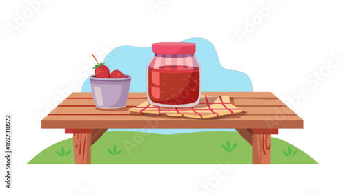 Fresh strawberry jam jar and strawberries on a picnic table summer food illustration vector design art