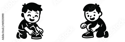 Set of two black and white icons showing a cute cartoon boy learning to tie his shoelaces, a simple graphic representing childhood development and independence