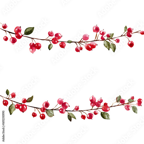 EPS painting design, Vector illustration set, My Watercolor illustration, Christmas garland with berries painting isolated on a white background