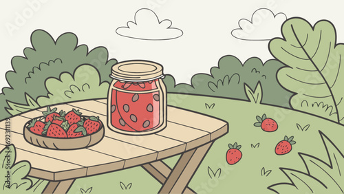 Fresh strawberry jam recipe in a jar with strawberries on a picnic table in a garden illustration