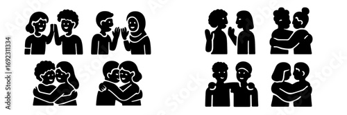 A set of black glyph icons showing diverse friends and couples communicating, hugging, and supporting each other in various friendly interactions