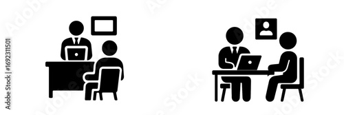 Glyph icon set depicting a job interview and recruitment process with a manager and candidate meeting in an office for hiring and business consultation