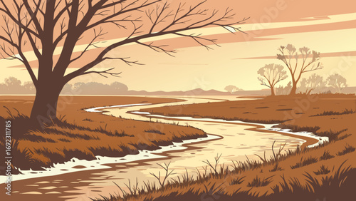 Scenic river landscape illustration with bare trees and golden sky for nature background design project