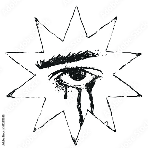 Black and white crying eye in star symbol bleeding tears gothic surreal dark illustration