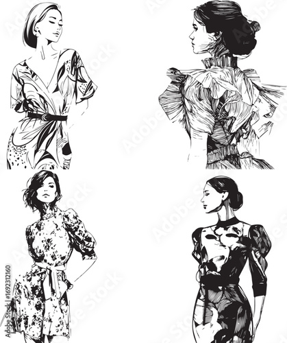 Vector art of fashion illustration of four women in dresses
