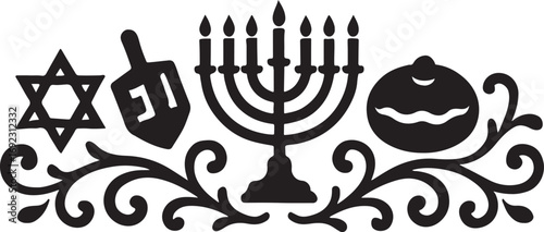 Hanukkah decorative border silhouette vector, festive Jewish holiday frame design with menorah and candles.