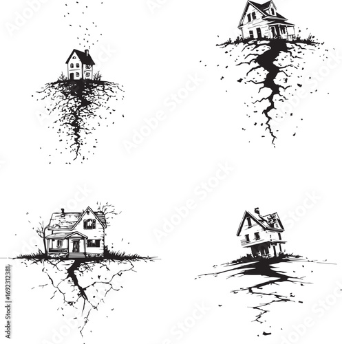 Vector art of four houses on cracked ground