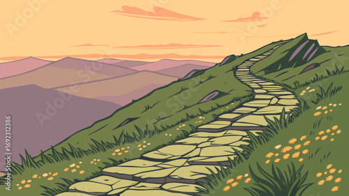 Mountain hiking trail landscape illustration with stone path and scenic mountain views for outdoor adventure