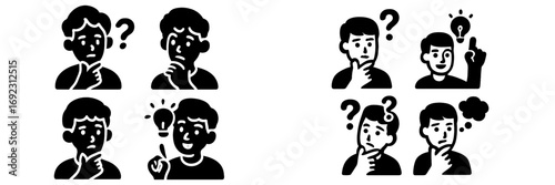 Icons of people thinking, questioning, and having ideas, representing problem-solving and creative thought processes