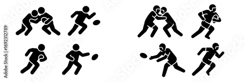 Black silhouettes of rugby and American football players in action poses like running, tackling, and passing the ball for sports competition design
