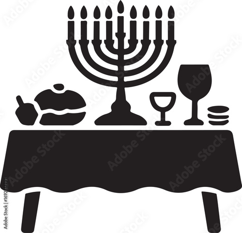 Hanukkah festive table silhouette vector, Jewish holiday celebration with menorah, gifts, candles, and tradition.