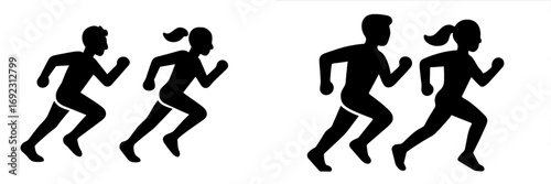 Silhouettes of male and female runners jogging side by side in a dynamic pose representing fitness and healthy lifestyle and active movement