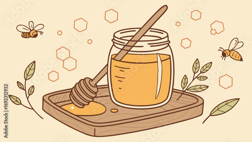 Honey jar illustration with dipper, bees, and honeycomb for natural food product marketing design