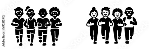 Black and white icons of diverse groups of people running a marathon together for fitness and healthy lifestyle concepts