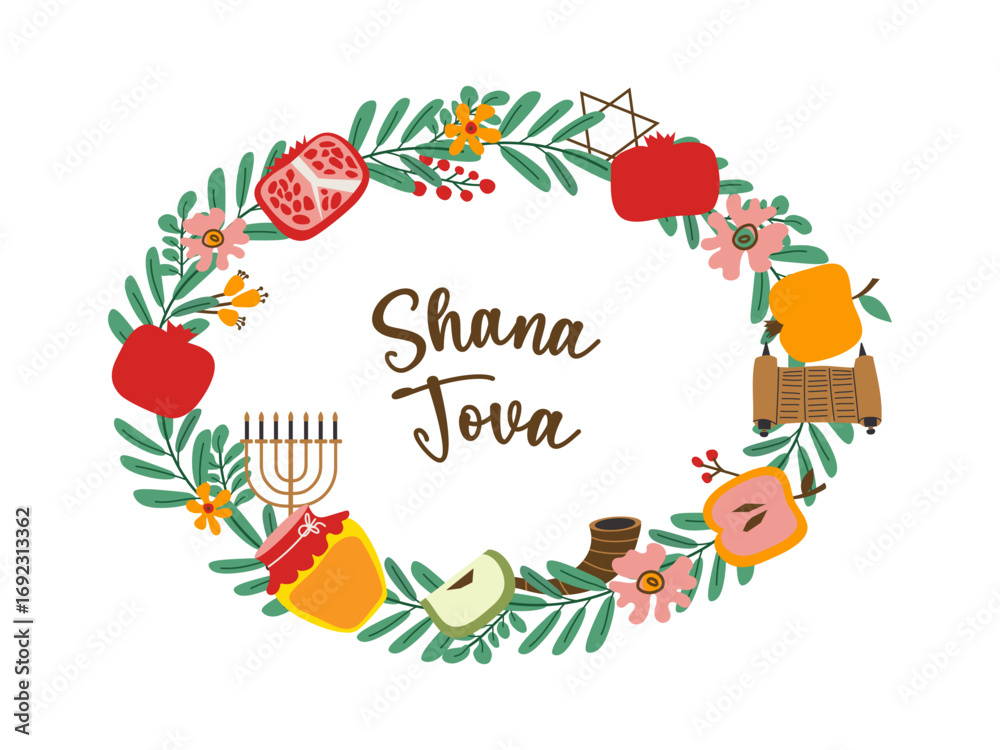 Fototapeta premium Shana Tova greeting inside a round frame of leaves, shofar, torah, honey, apples, pomegranates, and berries. Festive flat vector illustration for Jewish New Year celebration.