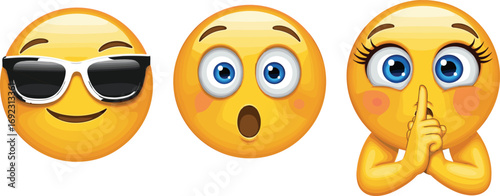Cool sunglasses emoji, shocked surprised emoji face, cute shushing emoji with finger gesture, expressive cartoon emoticons isolated vector illustration