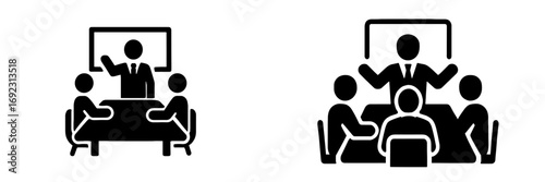 Corporate communication icons showing a business meeting, video conference presentation, and training seminar for professional development