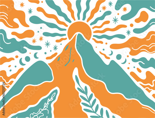 Boho Mountain Range Landscape with Rising Sun and Celestial Elements Illustration