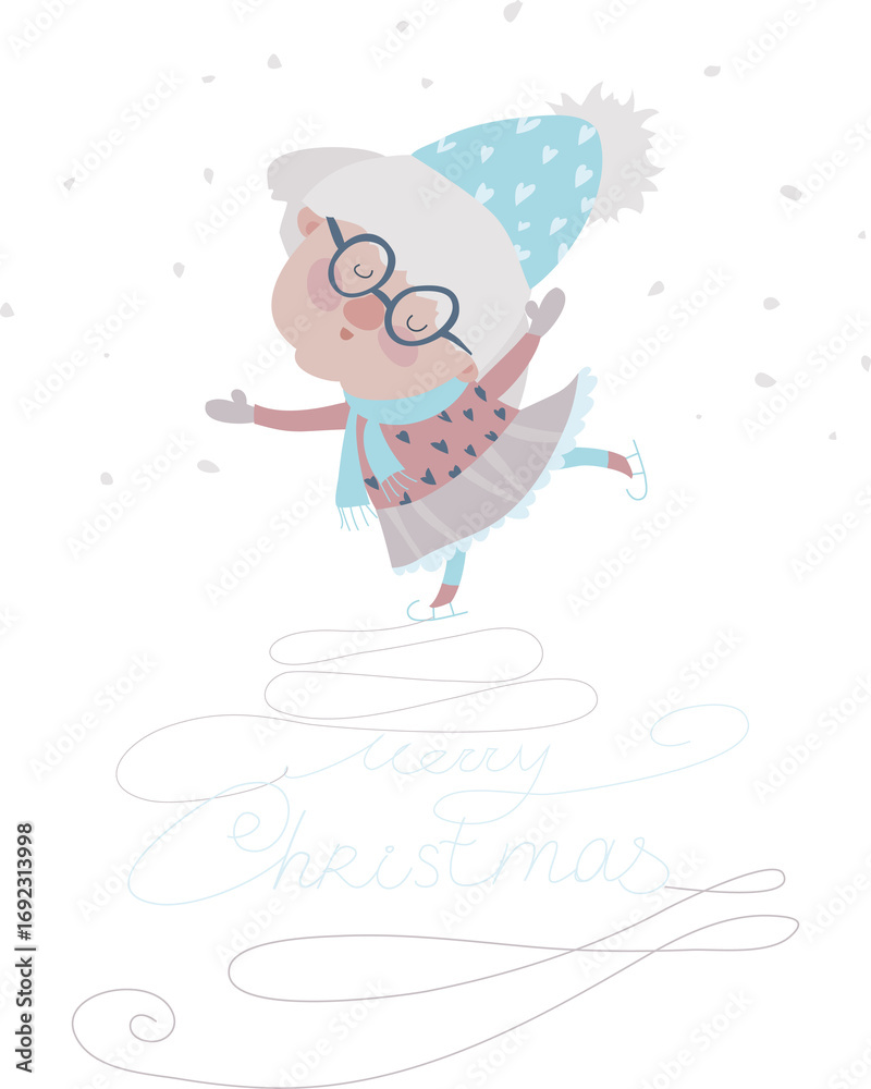 Fototapeta premium Old woman skating on ice. Vector christmas iluustration