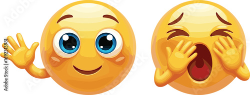 Cute cartoon emoji waving hand with big blue eyes, happy smiling face, yawning sleepy expression, funny tired emoticon, digital illustration