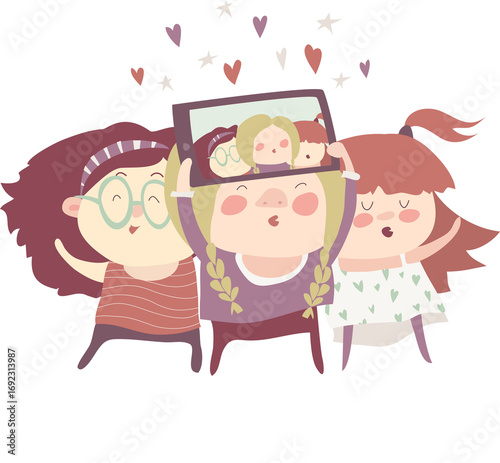 Beautiful girls friends taking selfie photo together with mobile phone camera. Vector illustration