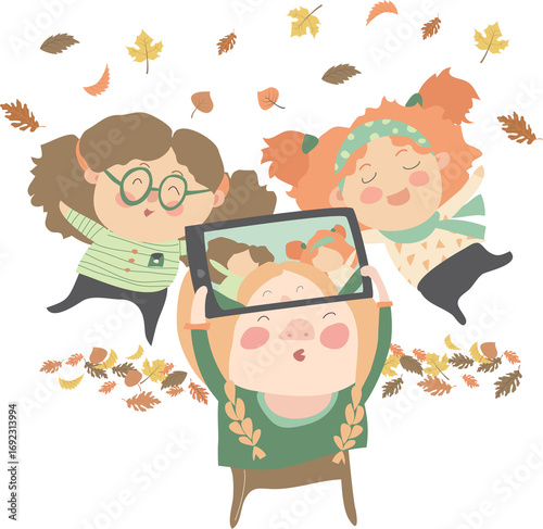 Girls friends taking selfie photo with autumn leaves. Vector illustration