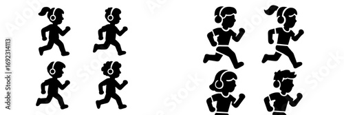 Set of black silhouette icons of people running and jogging while listening to music with headphones for fitness and exercise concepts