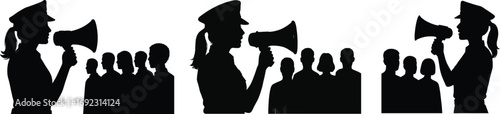 Female police officer silhouettes addressing crowds with megaphones public order enforcement gathering silhouette