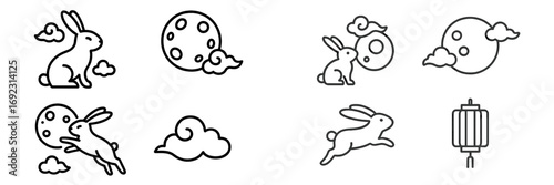 Mid-Autumn Festival icon set with moon rabbit, full moon, clouds, and traditional Chinese lantern line art symbols