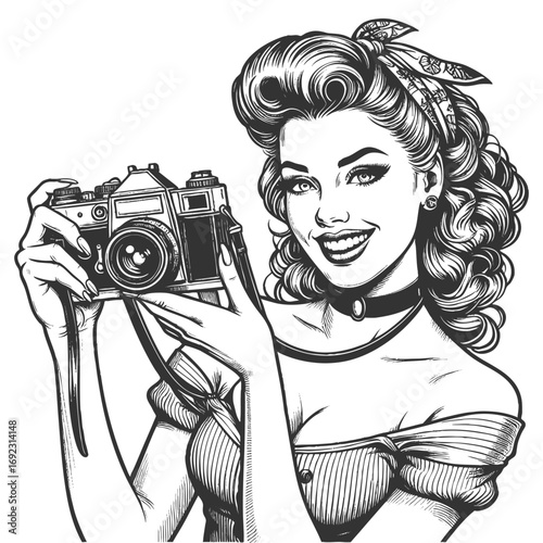 smiling pinup girl with long hair and headband holding a vintage camera sketch engraving generative ai fictional character vector illustration. Scratch board imitation. Black and white image.