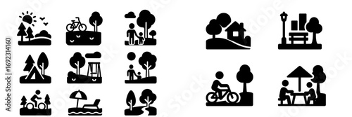 Outdoor activity and recreation icon set with symbols for park, nature, family, camping, cycling, and leisure