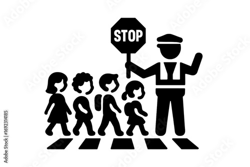 Monochrome icon of a school crossing guard with a stop sign helping young students use a crosswalk for pedestrian street safety