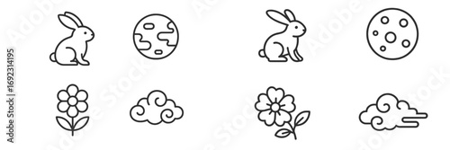 Mid-Autumn Festival line icon set with rabbit, moon, mooncake, flower, and traditional Asian clouds on a white background