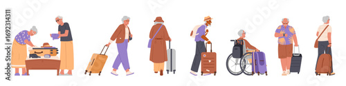 Different senior people with suitcases flat vector illustrations set isolated on white. Elderly men and women packing garments, walking with suitcases.