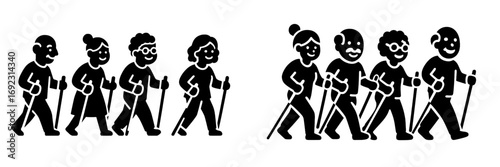 Group of senior people doing Nordic walking for fitness and active lifestyle black glyph icon set on white background