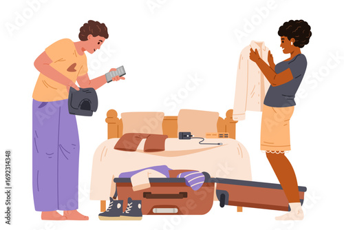 Multiracial happy couple packing a suitcase in the bedroom or unpacking in a hotel room flat vector illustration isolated on white.